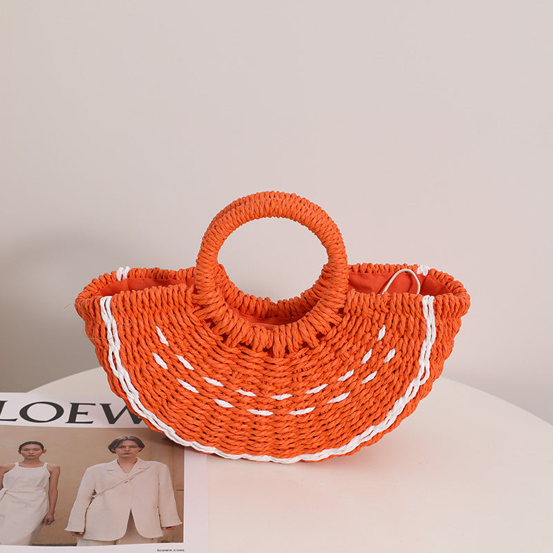 Fresh Candy Colored Watermelon Portable Straw Weaved Bag Cute Fruit Woven Bag Seaside Vacation Beach Bag