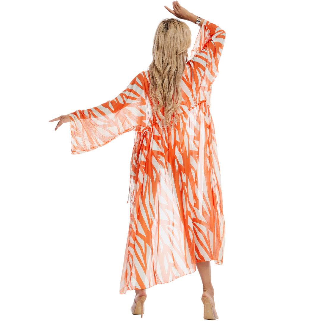 Three Piece Set Split Swimsuit Striped Printed Blouse Sun Protection Swimsuit