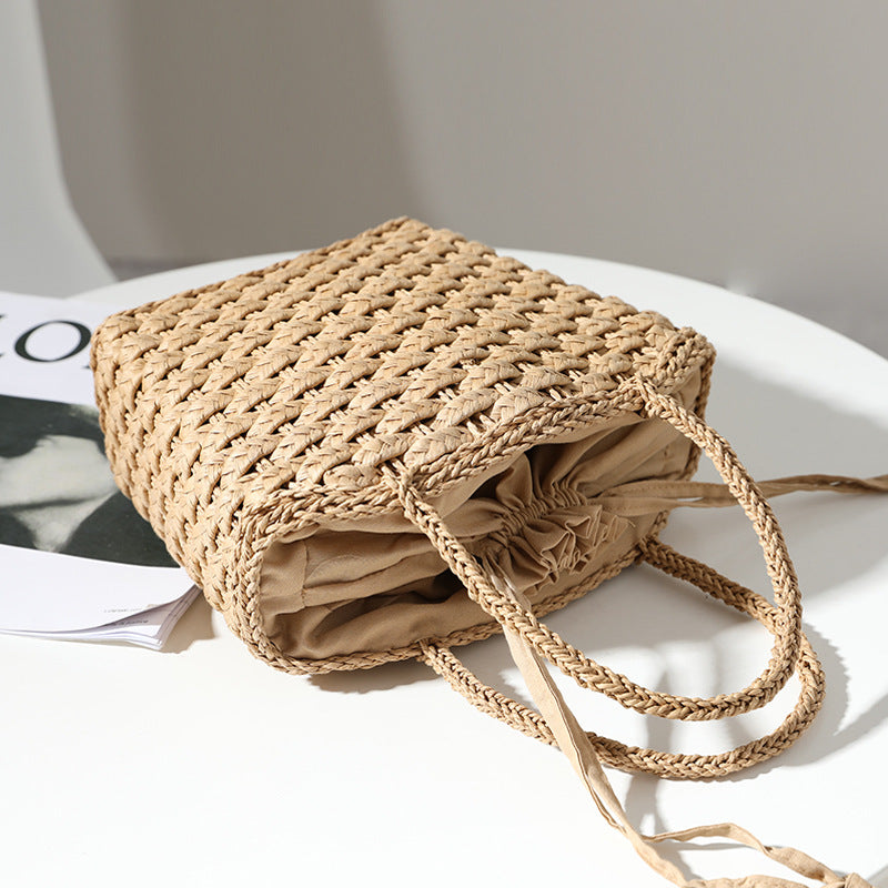 Japan South Korea Straw Bag Solid Color Woven Bag One Shoulder Hand-Carrying Small Bag Casual Women Bag Vacation Beach Bag