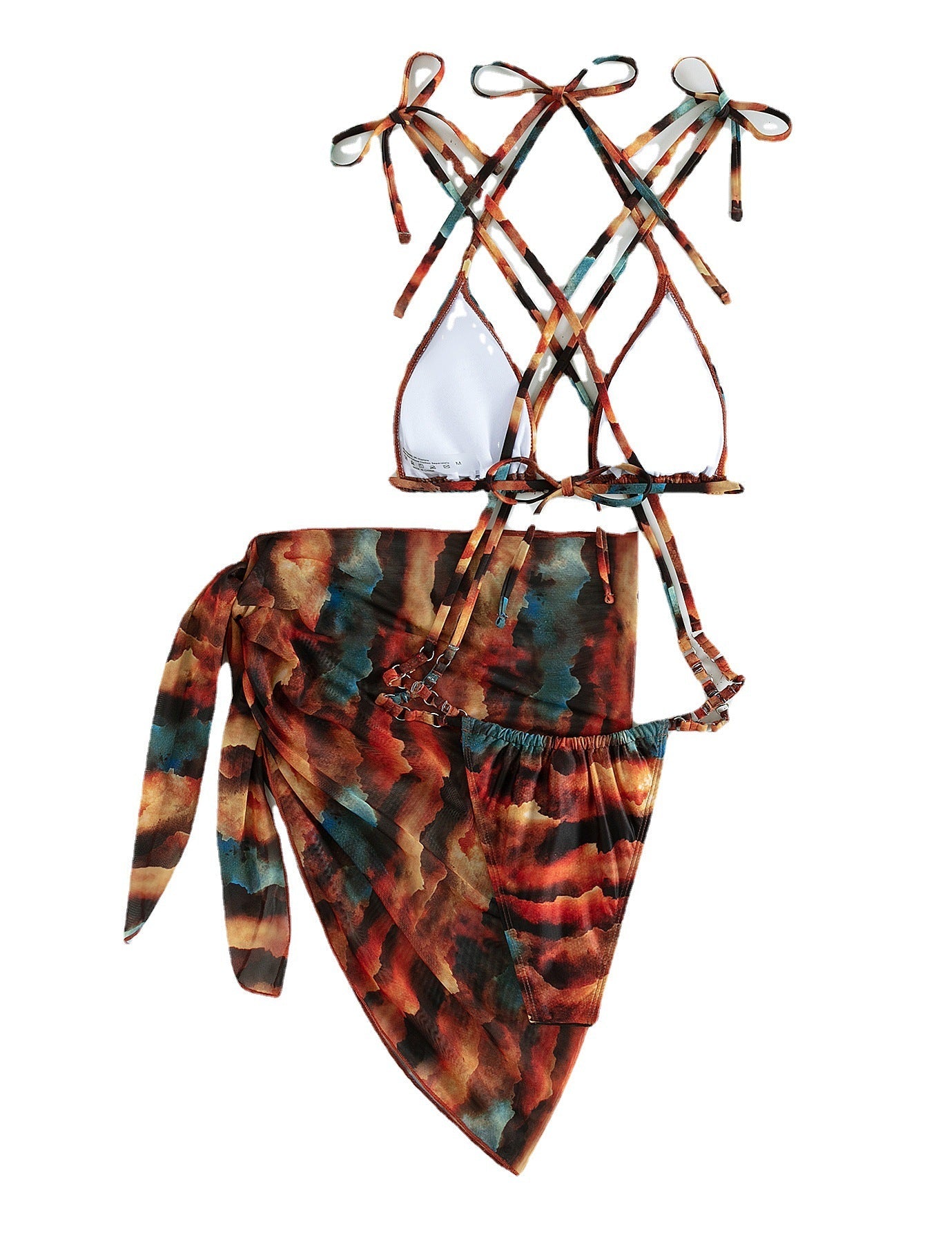 Gradient Printing Series with Net Hanfu Long Robe Sexy Three Piece Set Swimsuit Swimwear Women