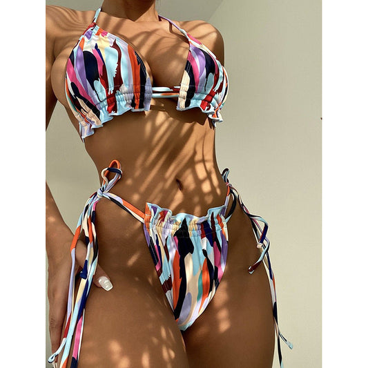 Printed Halter Lace up Spring Bikini Three Point Split Swimsuit for Women
