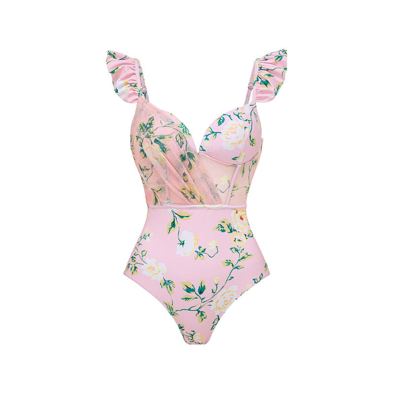Floral Decorative Mesh Split Swimsuit Women High Waist Bikini Umbrella Skirt