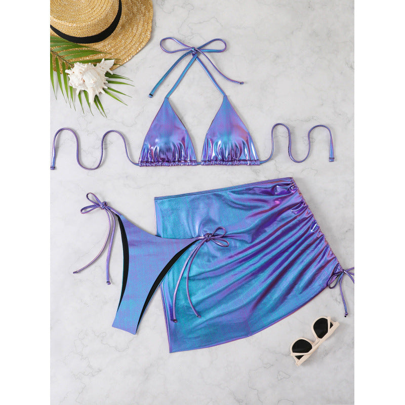 Swimwear Women Bronzing Three Piece Sexy Bikini Solid Color Metal Split Triangle Bag Beach Swimsuit