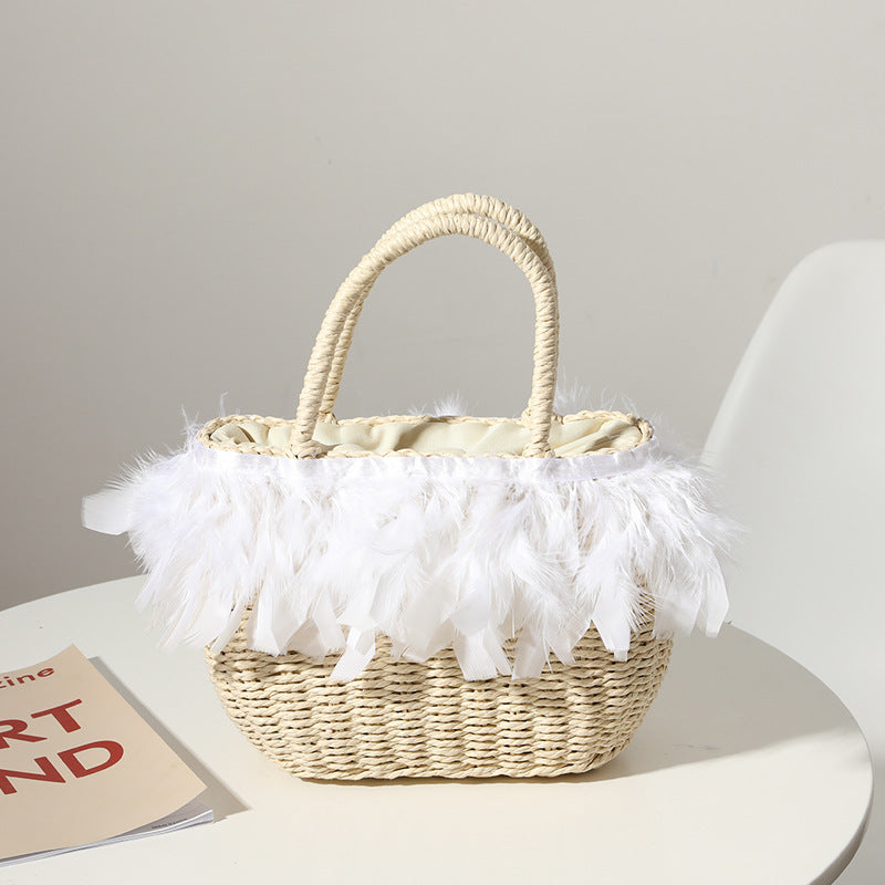 Straw Bag Women Fairy Feather Model Straw Bag Woven Bag Handbag Travel Bag Vacation Beach Bag