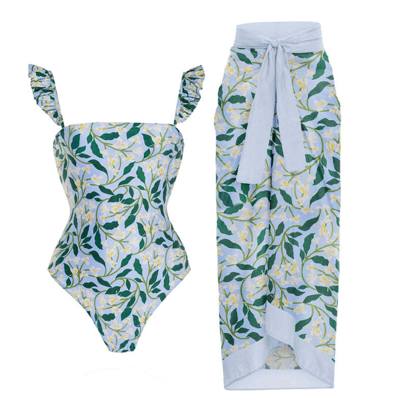 Flying Edge One Piece Women Swimwear European, French Retro Cover Belly Slimming Swimsuit Chiffon Beach Dress