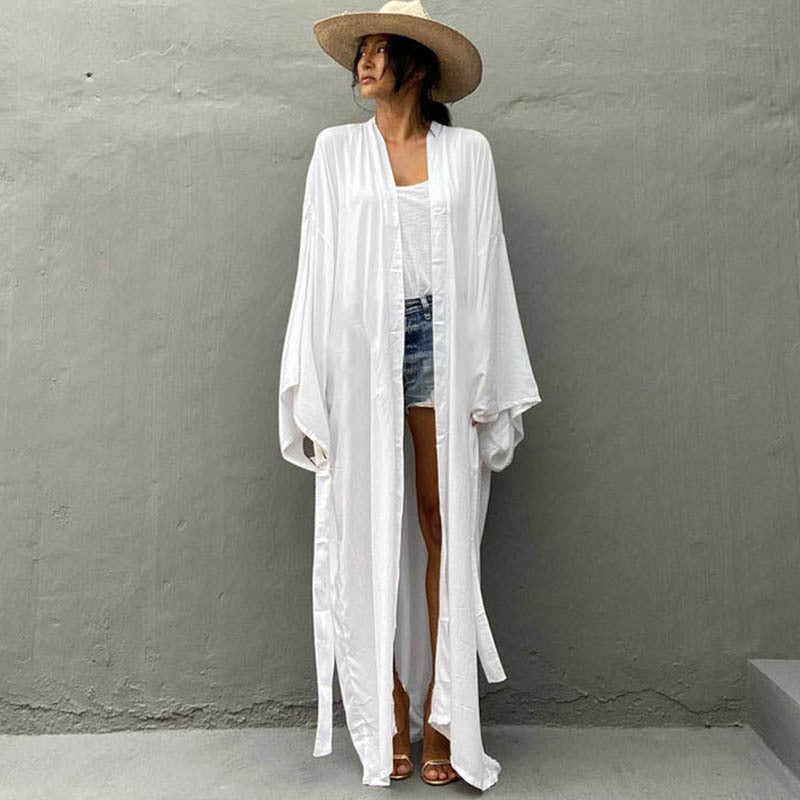 Rayon Loose Long Cardigan Beach Sun Protection Coat Seaside Vacation Beach Cover Up Swimsuit Outwear Women