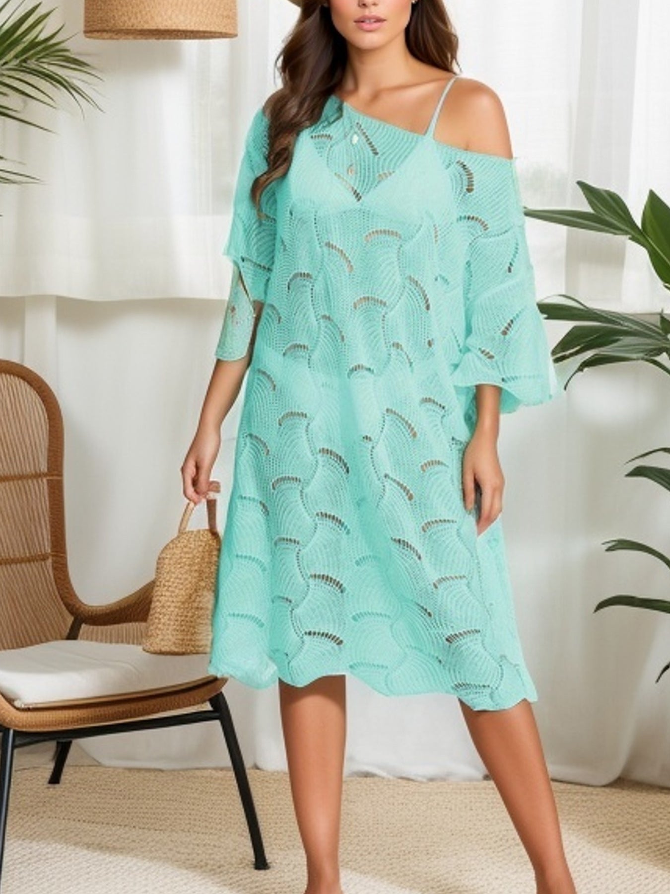 Summer Holiday Dress Sexy off-Neck Hollow Out Cutout-out Knitted Swimsuit Sun Protection Blouse for Women Crochet hook Crochet hook Crochet hook