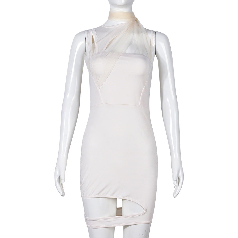 Women Clothing Spring Mesh Stitching Halter Cut out Irregular Asymmetric Dress