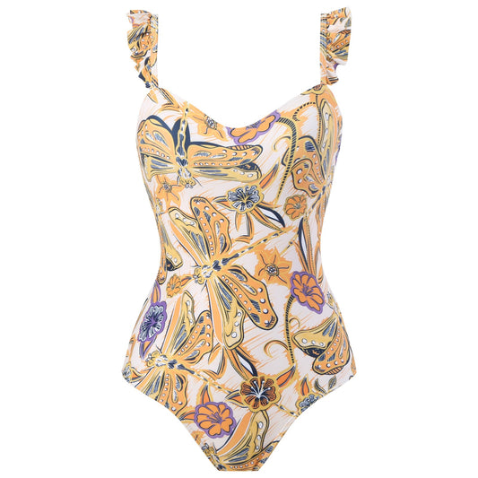 Women Flying Edge One Piece Women Swimwear Retro Cover Belly Slimming Swimsuit Chiffon Beach Dress