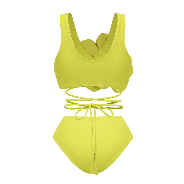 Solid Color Split Swimsuit Women Sexy High Waist Banded Bikini Three Piece Set Bikini