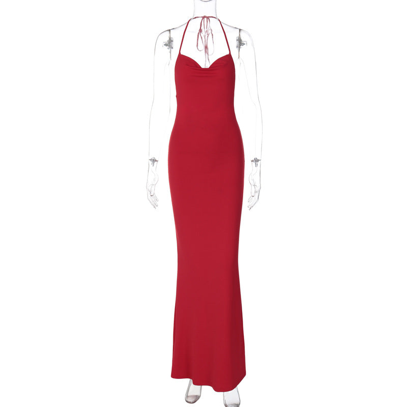 Women Clothing Spring Solid Color Sheath Sexy Cutout Backless Halter Maxi Dress for Women