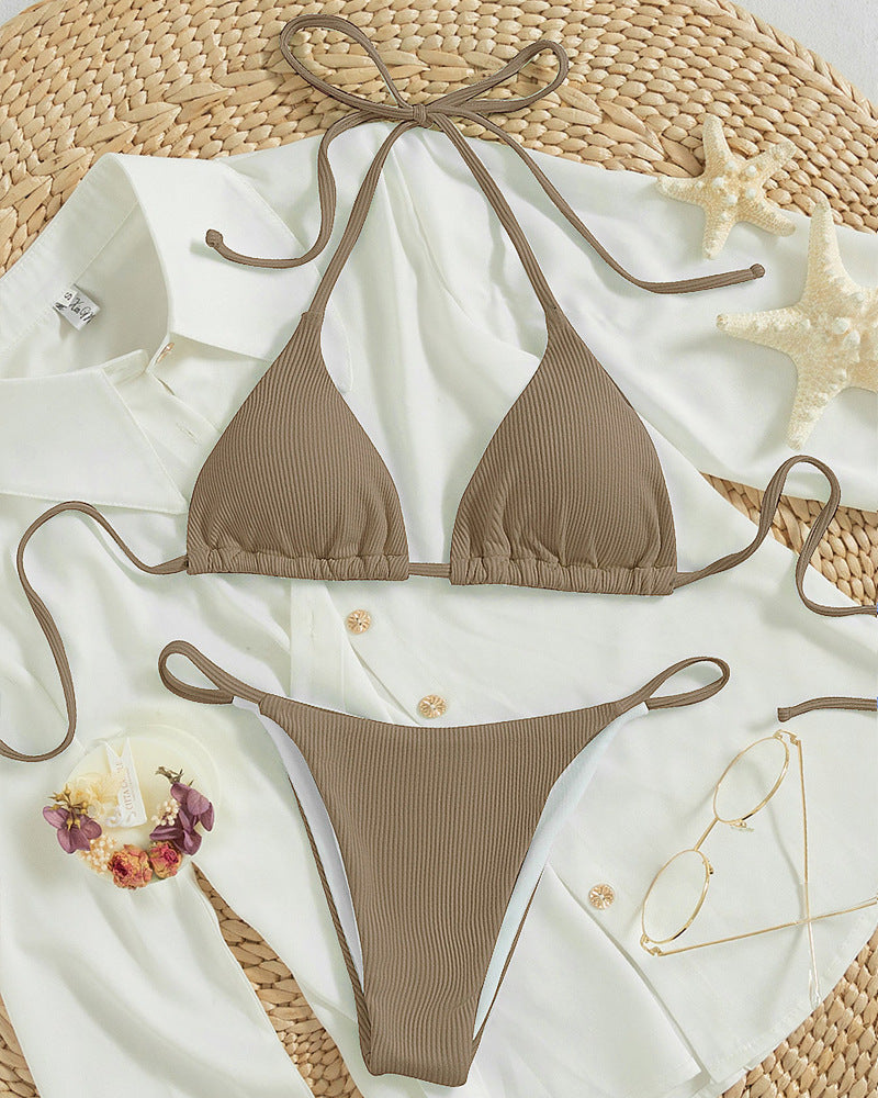 Printing Halter Spaghetti Straps Sexy Bikini Pleated Lace up Triangle Spring Split Swimsuit