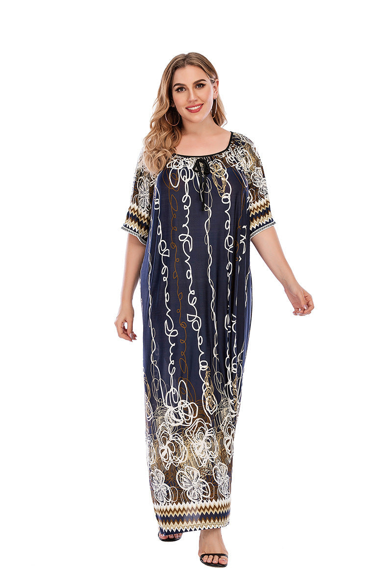 Plus Size Women Loose Home Wear Short Sleeve Dress Floral Print Maxi Dress