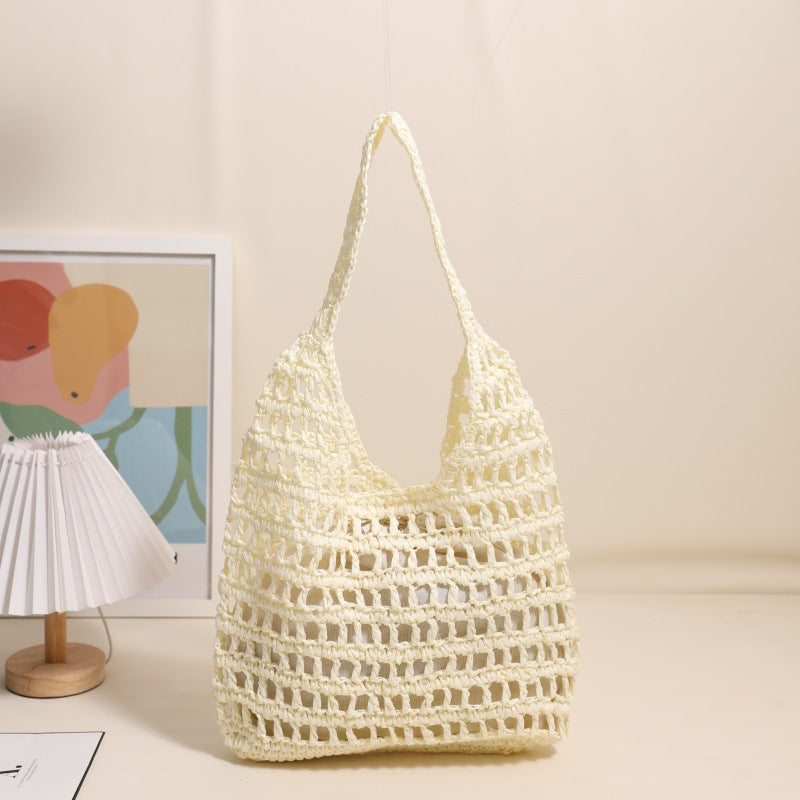 French Large Capacity Shoulder Straw Bag Hollow Out Cutout Tote Portable Straw Bag Woven Bag Seaside Vacation Beach Bag