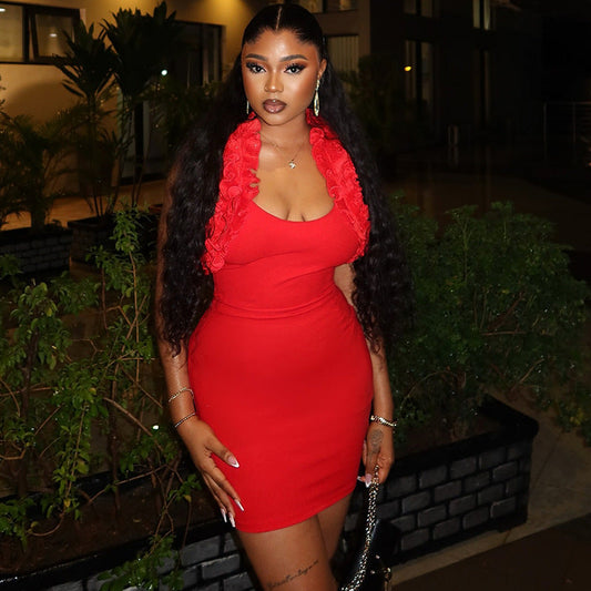 Women Clothing Solid Color Dress Sexy Ruffles Spaghetti Straps Sleeveless Backless Hip