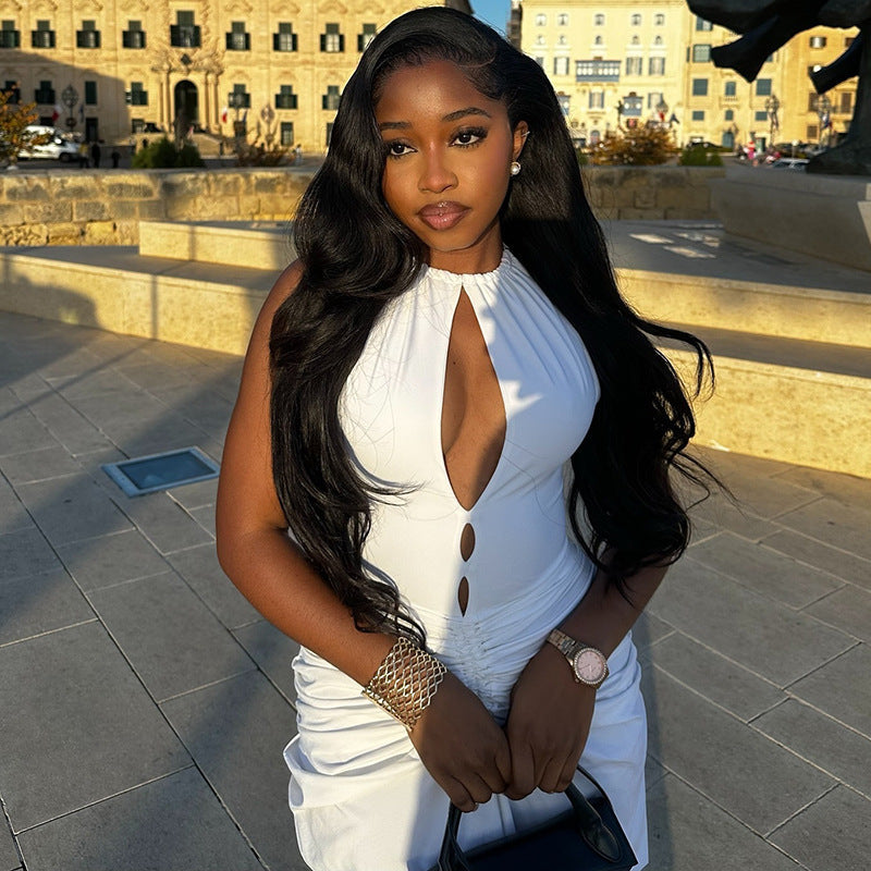 Women Clothing Pleated Sexy Cutout Hip Slim Fit Turtleneck Sleeveless Solid Color Length Dress