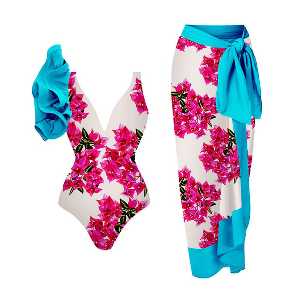 Printing One Piece Women Swimwear Suit European, French Retro Cover Belly Slimming Swimsuit