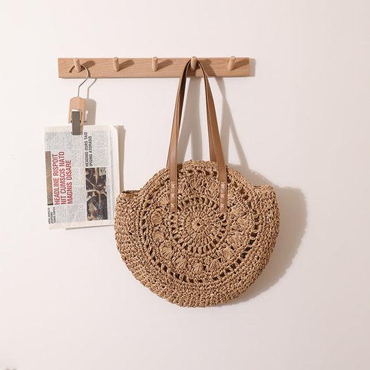 round Straw Bag One Shoulder Portable Hollow Out Cutout out Straw Bag Woven Bag Women Summer Seaside Casual Vacation Beach Bag