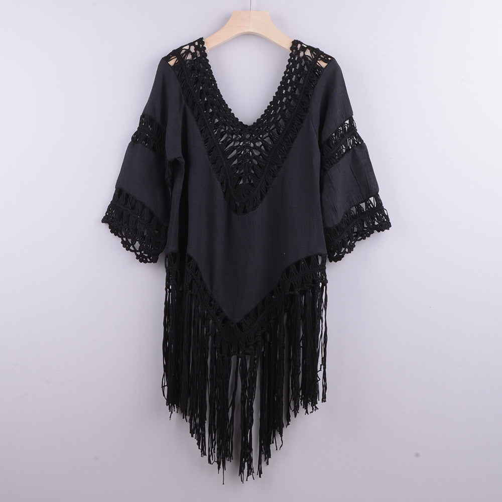 Hand Crocheting Patchwork Solid Color Hollow Out Cutout out Beach Irregular Asymmetric Tassel Cover up Bikini Swimsuit