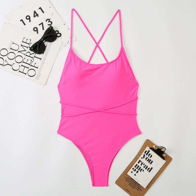 Sexy One Piece Nylon Multicolor Bikini Solid Color Tied Open Back Swimsuit Swimsuit
