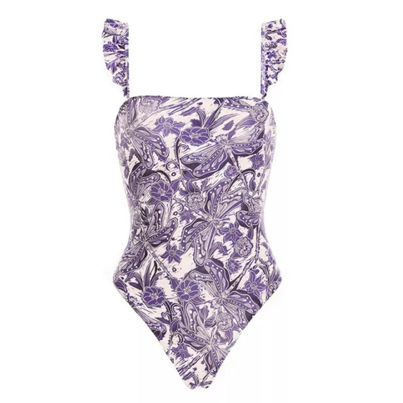 Flying Edge One Piece Women Swimwear European, French Retro Cover Belly Slimming Swimsuit Chiffon Beach Dress