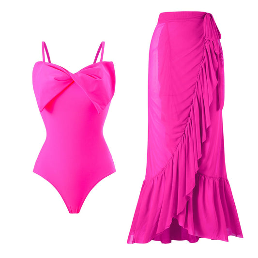 Sexy Swimsuit Women Spring One Shoulder Swimsuit Chiffon Split Beach Skirt Set