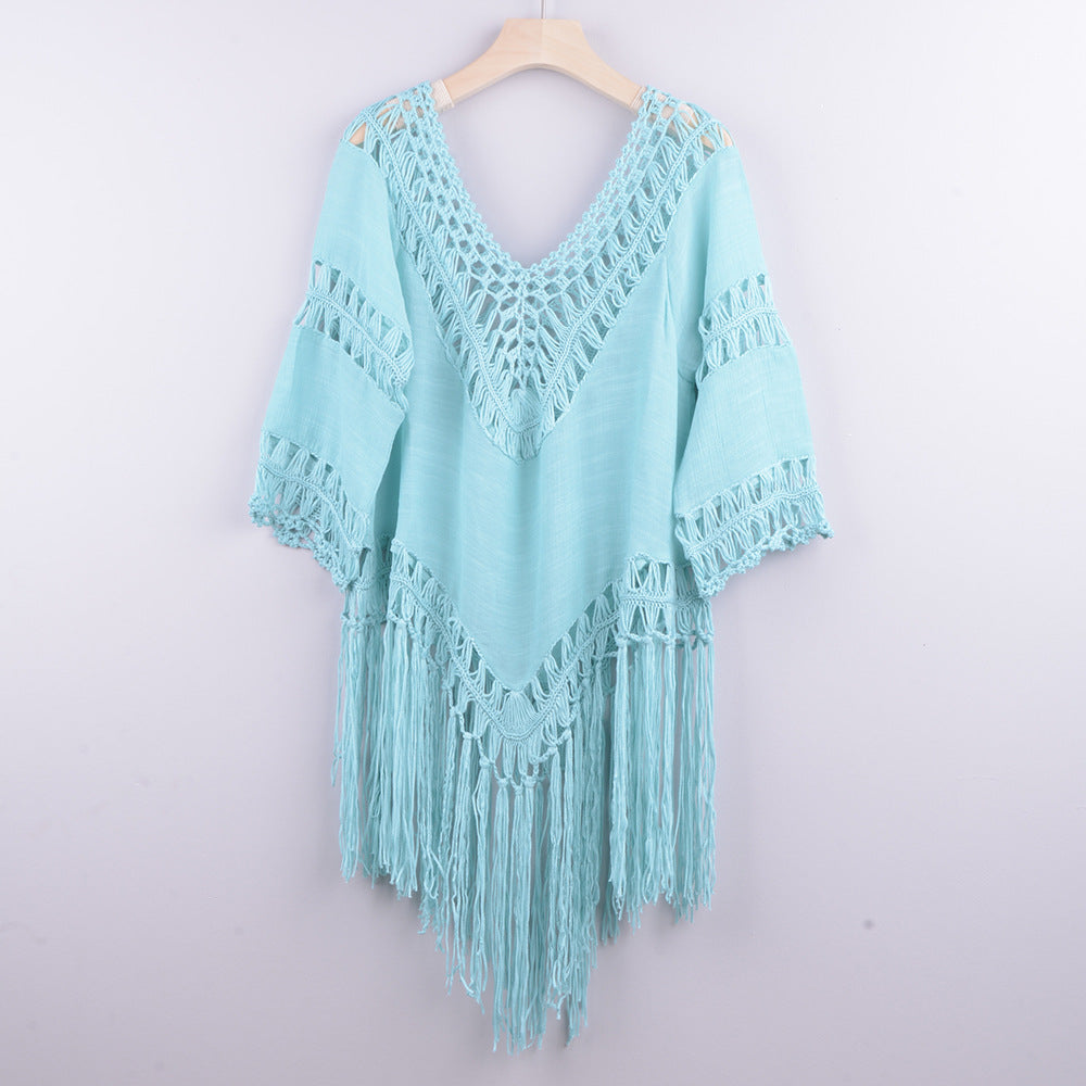 Hand Crocheting Patchwork Solid Color Hollow Out Cutout out Beach Irregular Asymmetric Tassel Cover up Bikini Swimsuit