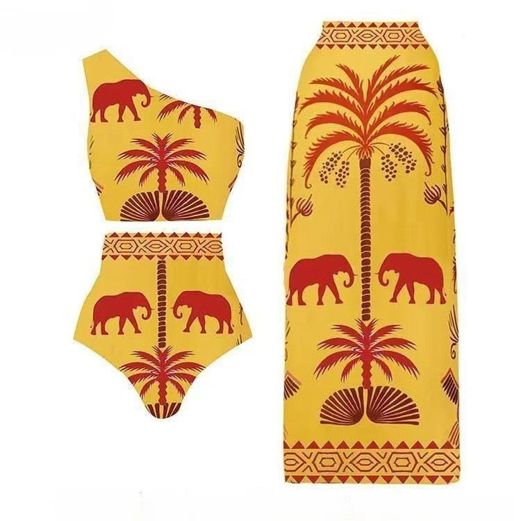 Lonkey Swimwear Retro Printed Mesh Trousers Conservative Swimwear Bikini