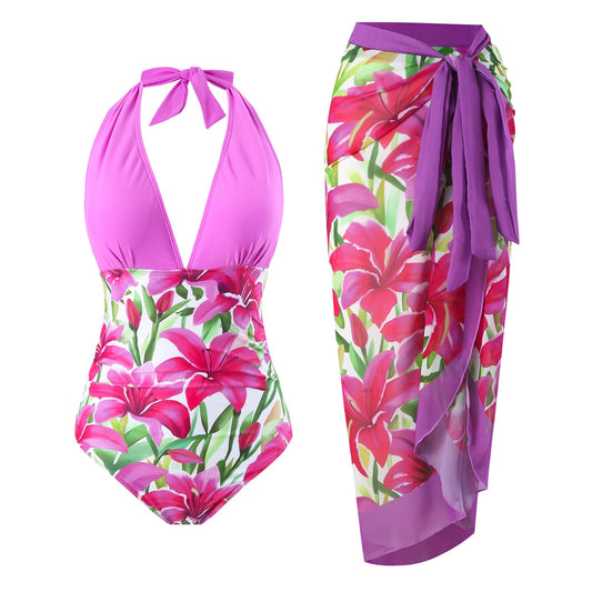 One Piece Springs Conservative Covering Belly Thin Backless Sexy Skirt Swimsuit Women Chiffon Beach Dress