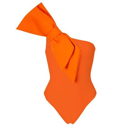 French Swimsuit Solid Color Pleating Oblique Shoulder Bow Two Piece Swimsuit Women