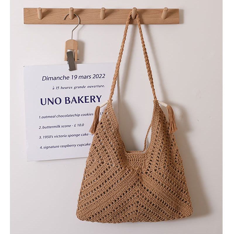 Triangle Hollow Out Cutout Cross Body Cotton Thread Woven Bag Casual Grandmother Grid Straw Bag Vacation Beach Bag Women Bag