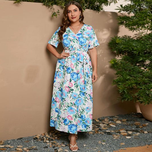 Plus Size Dress Summer Art Painted Floral Elastic Waist Short Sleeve Dress