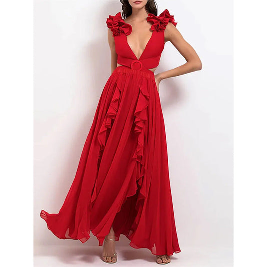 Solid Color One Piece Swimsuit Vintage Ruffled V neck Waist Hollow Out Cutout out Swimsuit