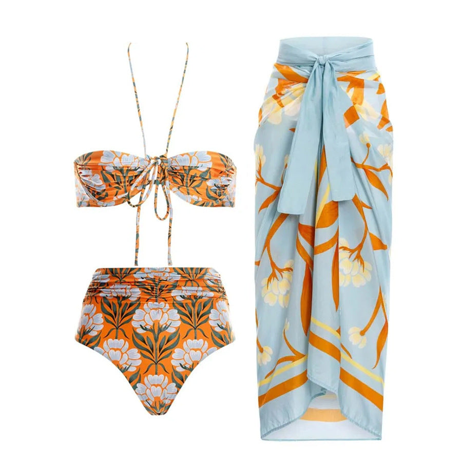 Printed High Waist Split Swimsuit Women Halter Banded Bikini Yarn Skirt Set
