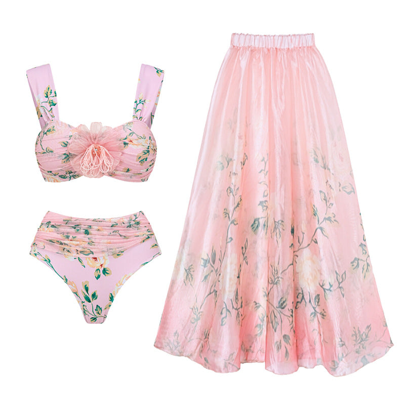 Floral Decorative Mesh Split Swimsuit Women High Waist Bikini Umbrella Skirt