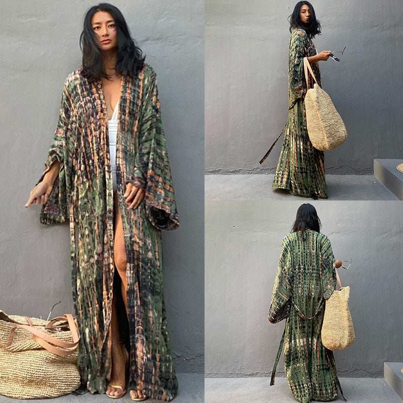 Rayon Printed Vacation Wide Sun Protection Shirt Beach Coat Beach Cover Up Swimsuit Outer Wear Long Cardigan