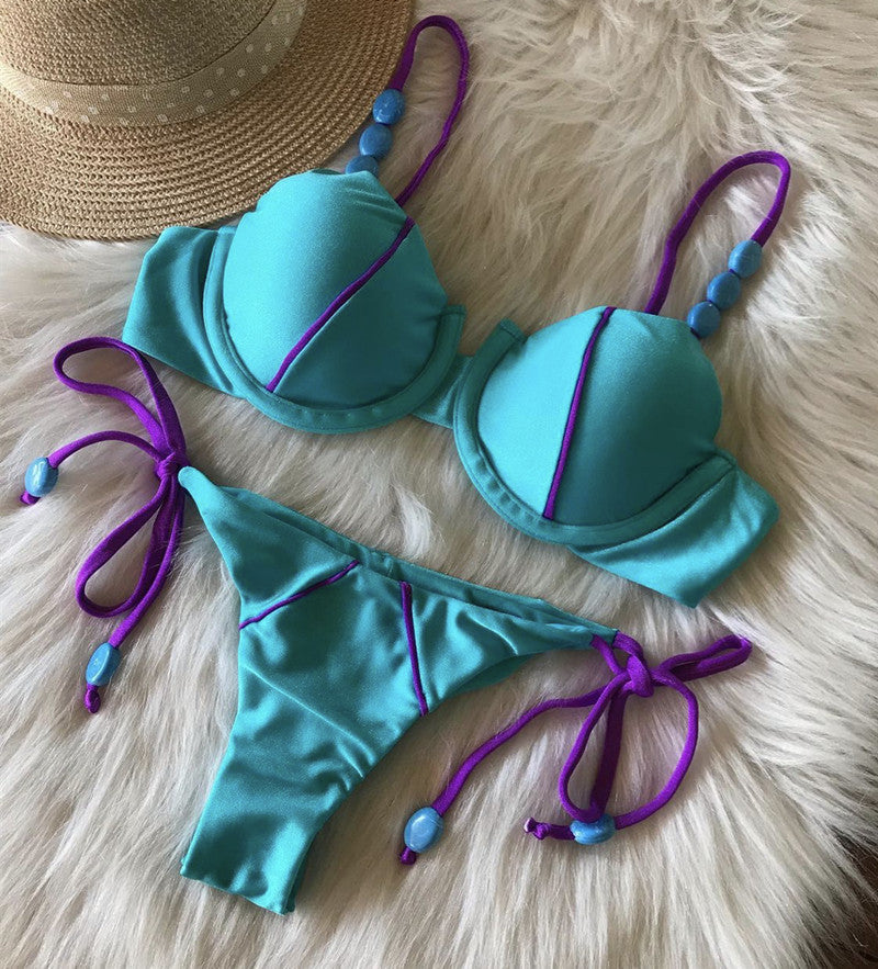 Sexy Sunken Stripe Split Bikini Women Swimsuit