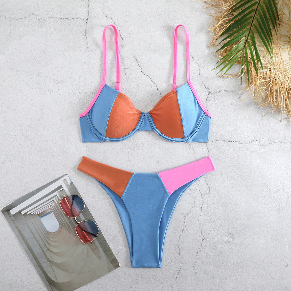 Fresh Solid Color Stitching Bikini Split Swimsuit Women Bikini