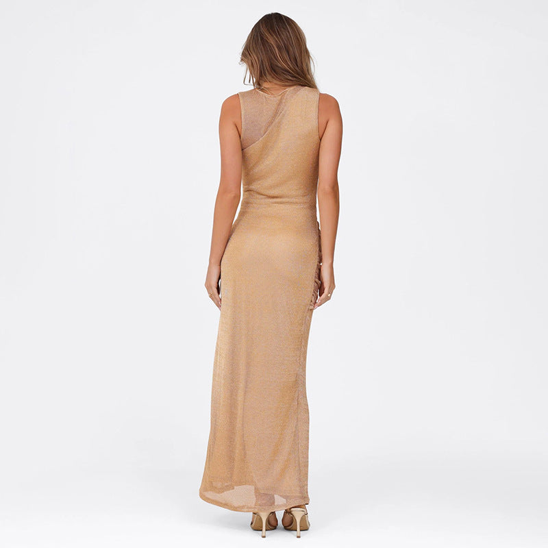 Spring Women Clothing Crew Neck Hollow Out Cutout Sexy High Slit Slim Fit Dress Women