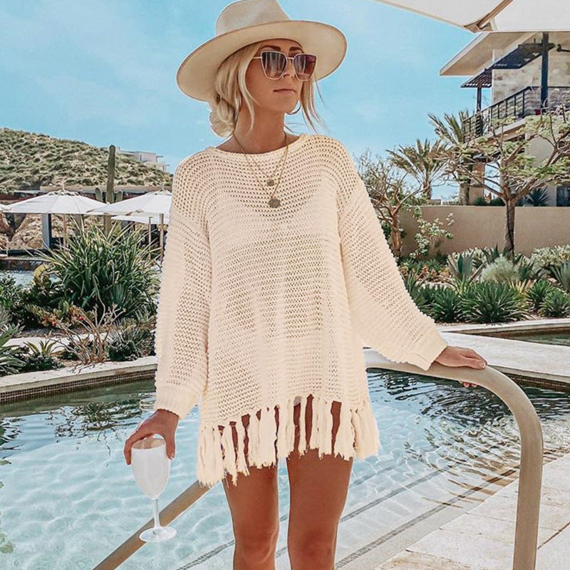 Hollow Out Cutout Knitted Tassel Beach Cover up Seaside Vacation Bikini Cover Swimsuit Outwear Sun Protection Clothing for Women Crochet hook