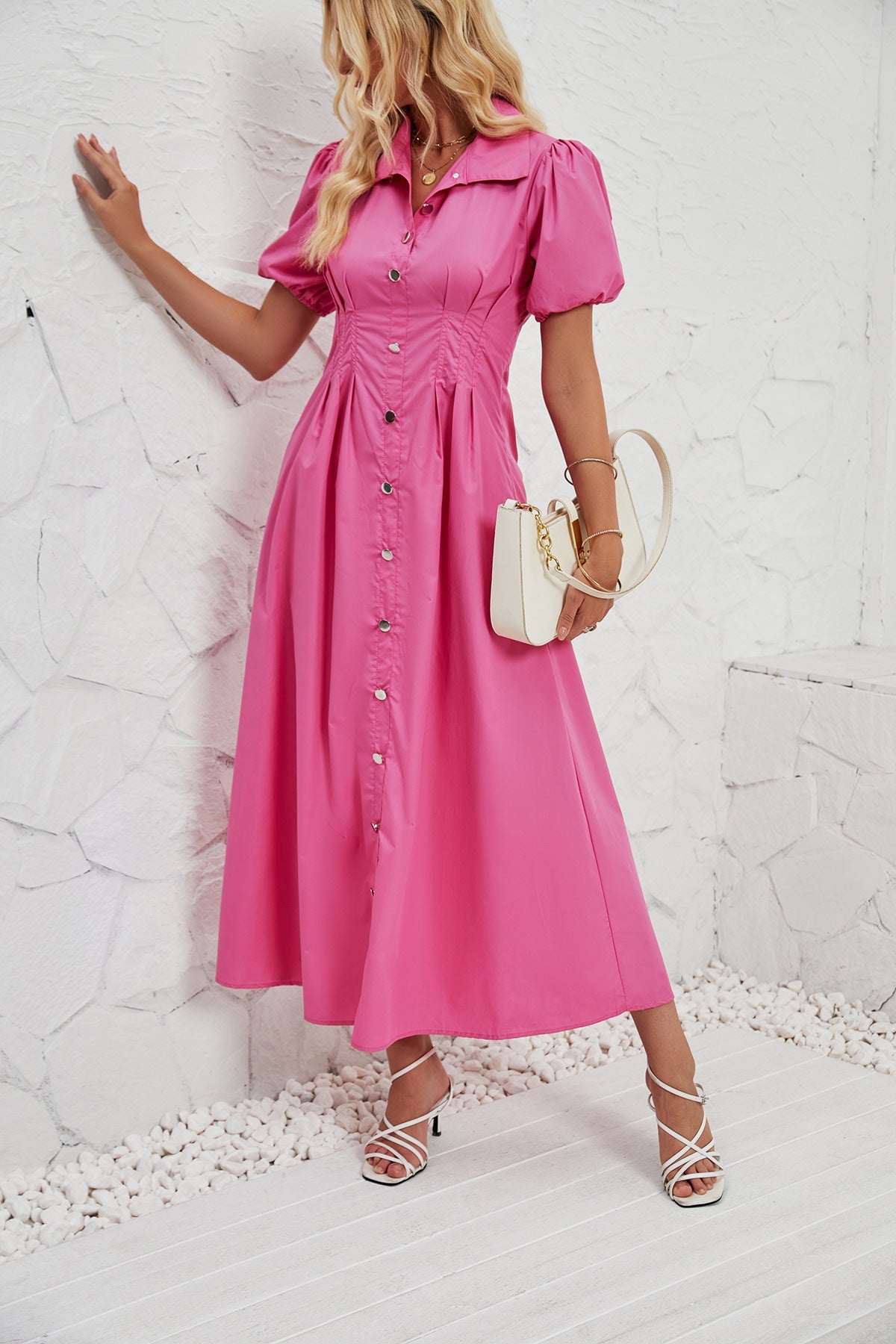 Summer Solid Color Elegant Slim High Waist Tight Waist Button Mid Length Dress Women