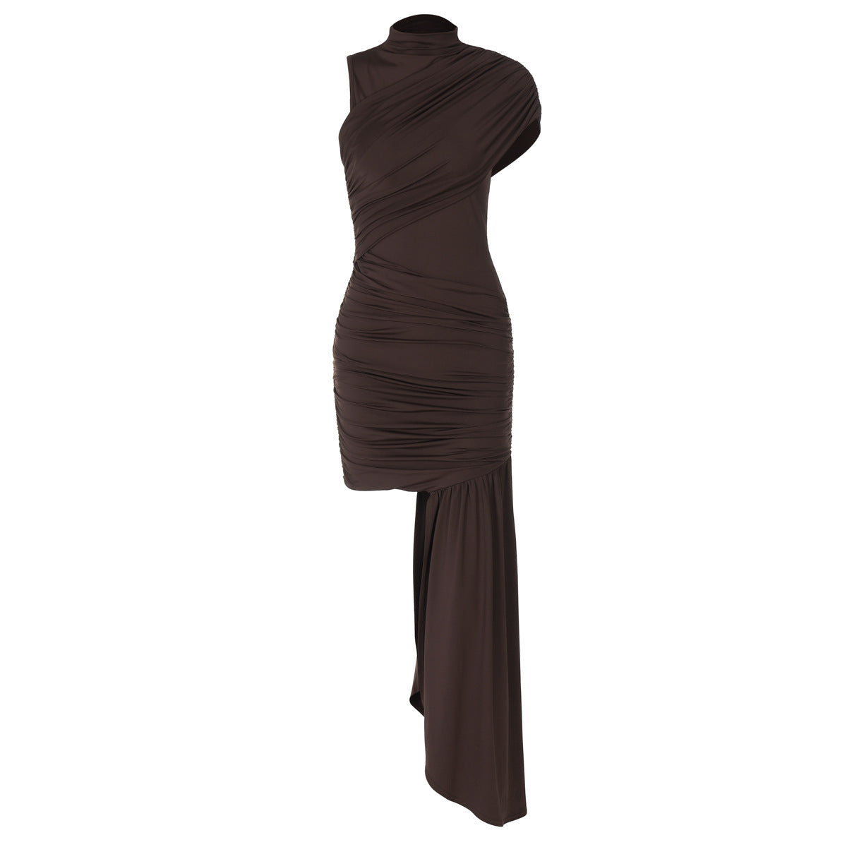 Women Clothing Spring Summer Slim round Neck Pleated Hip Irregular Asymmetric Sleeveless Dress