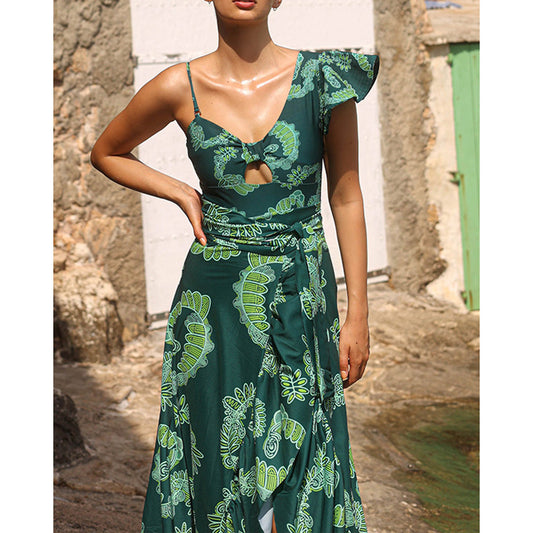 Asymmetric Ruffled Printing Sexy One Piece Swimsuit Women Two Piece Swimsuit