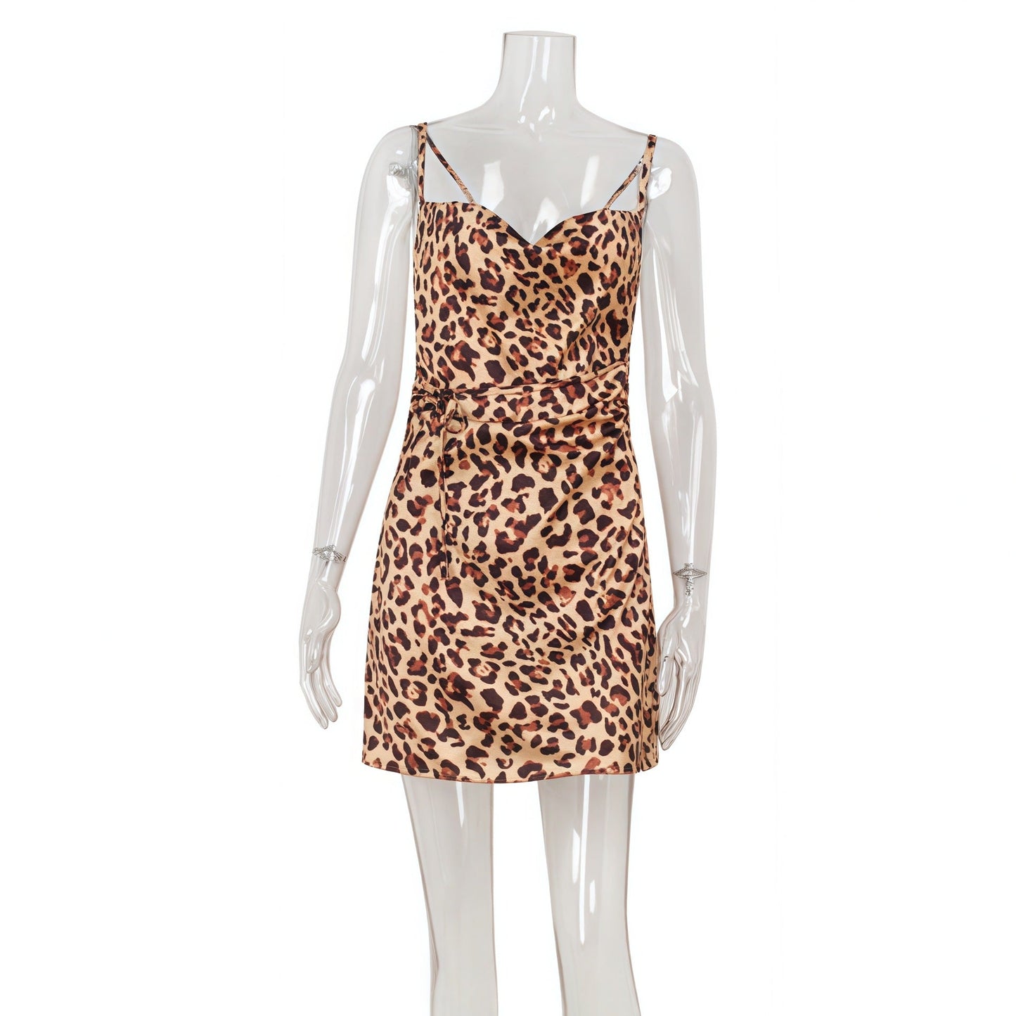 Sexy Women Clothing Leopard Print Swing Collar Backless Slim Fit Vacation Sling Dress