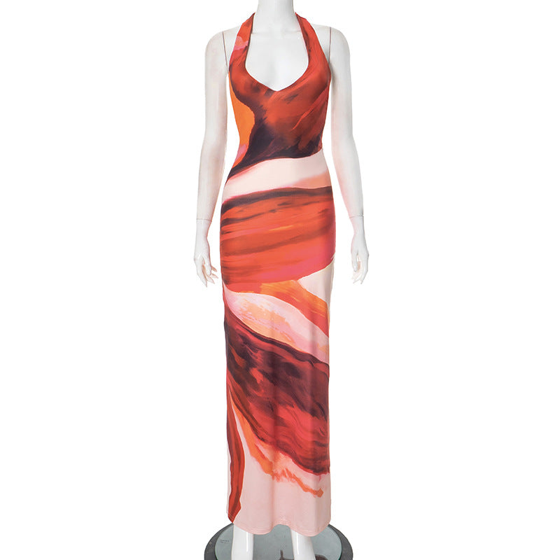 Women Clothing Spring Summer Floral Print Halter Strap Slit Length Dress