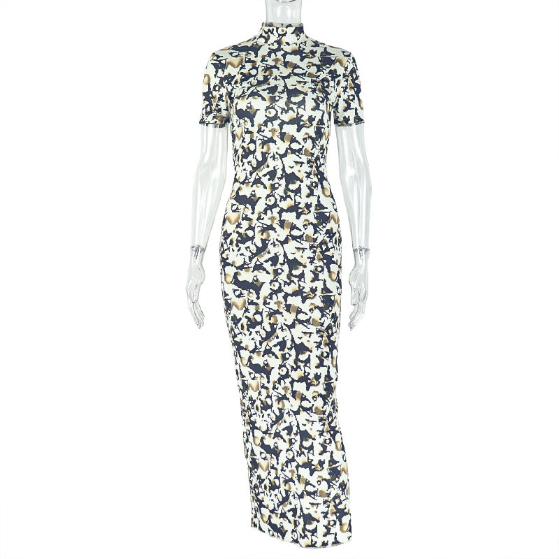 Women Printed Short Sleeve Dress Slim Fit Slimming Design Charm Sexy Backless Hip