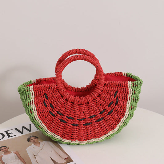 Fresh Candy Colored Watermelon Portable Straw Weaved Bag Cute Fruit Woven Bag Seaside Vacation Beach Bag