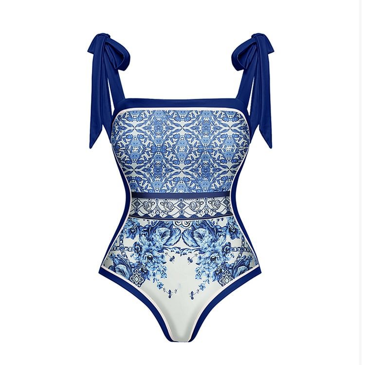 Bow Bandage Blue White Porcelain Printed One Piece Swimsuit Women Set Dress