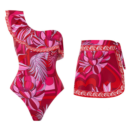 Sexy One Piece Ruffled Swimsuit Chiffon Skirt Two Piece Sets Swimwear