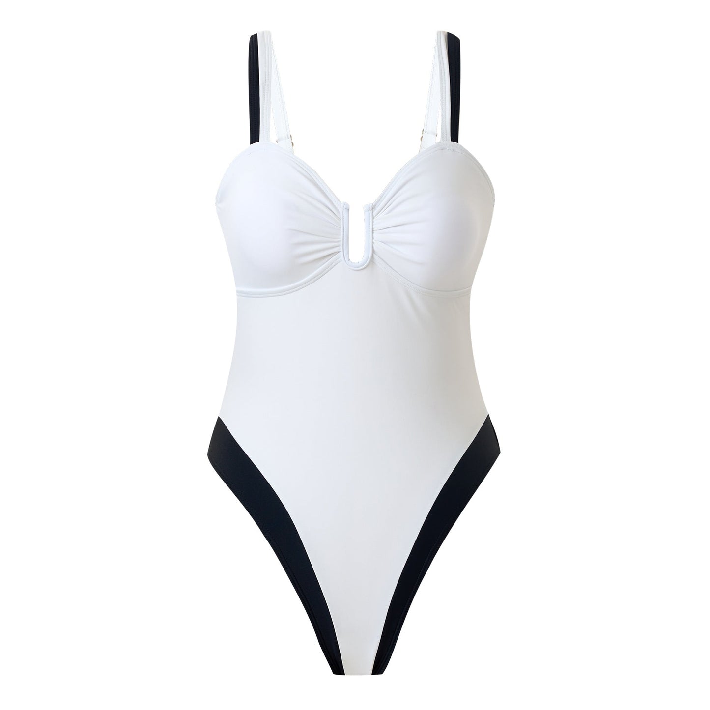 Sexy Swimsuit Women Siamese Triangle Solid Color Black White Patchwork Nylon Swimsuit